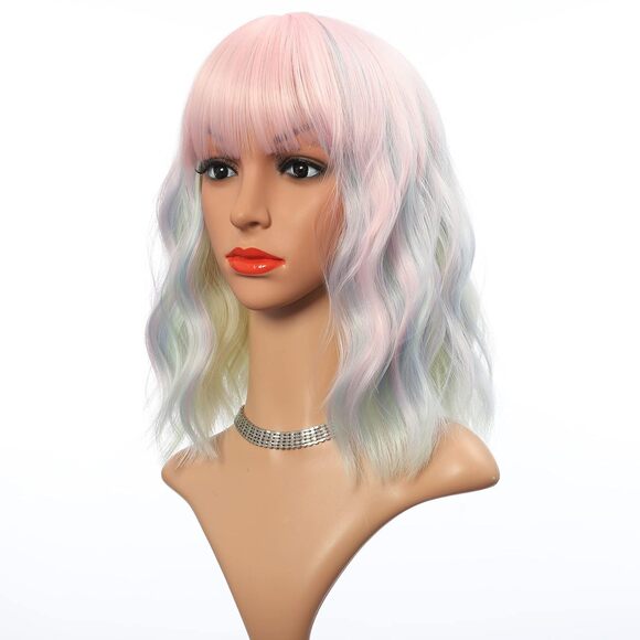 Women's Short Rainbow Wigs Curly Wavy Shoulder Length Pastel Bob - Picture 1 of 3